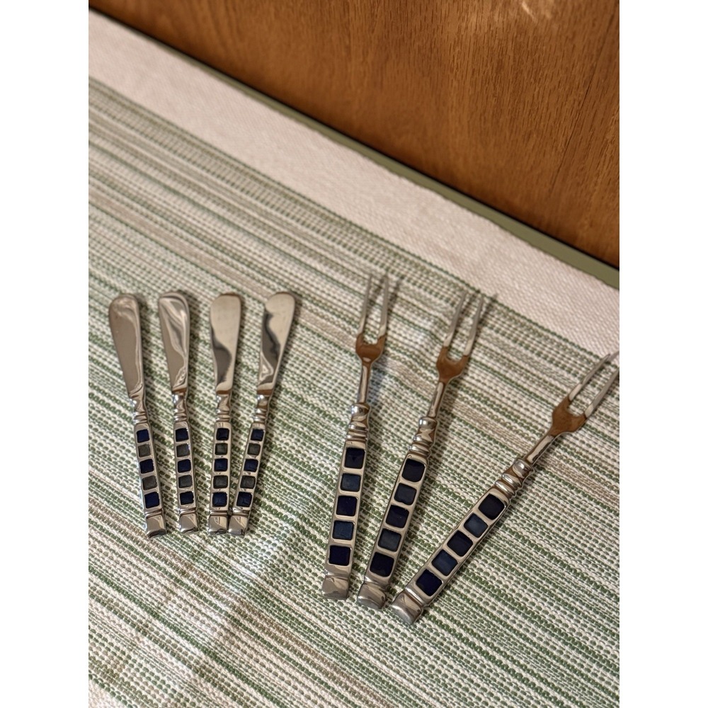 Vintage Heavyweight Geometric Blue Inlay Cocktail & Charcuterie Set (7pcs)
